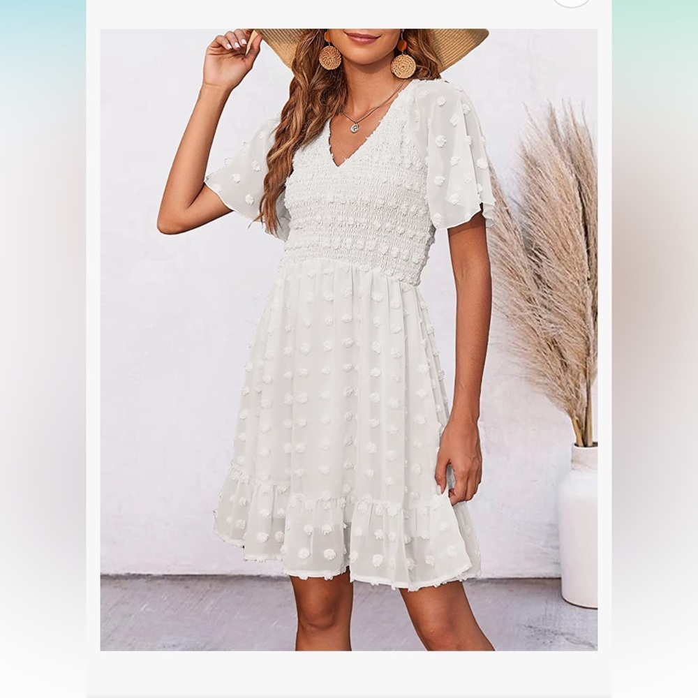 White swiss dot summer smocked v neck dress L